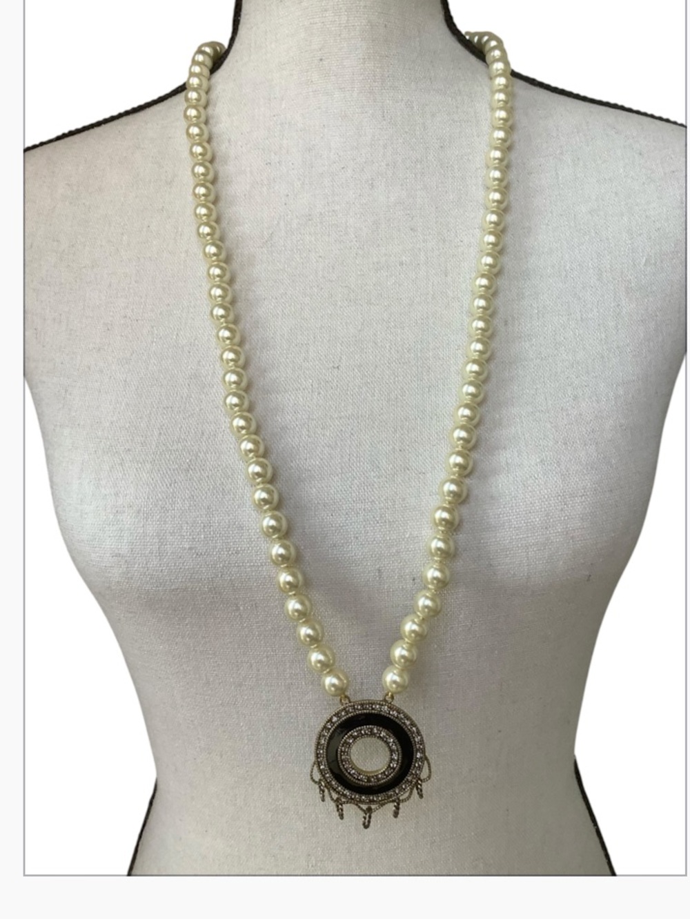 Heidi Daus Ivory Pearl Double-Strand Necklace with Black and Gold Medallion